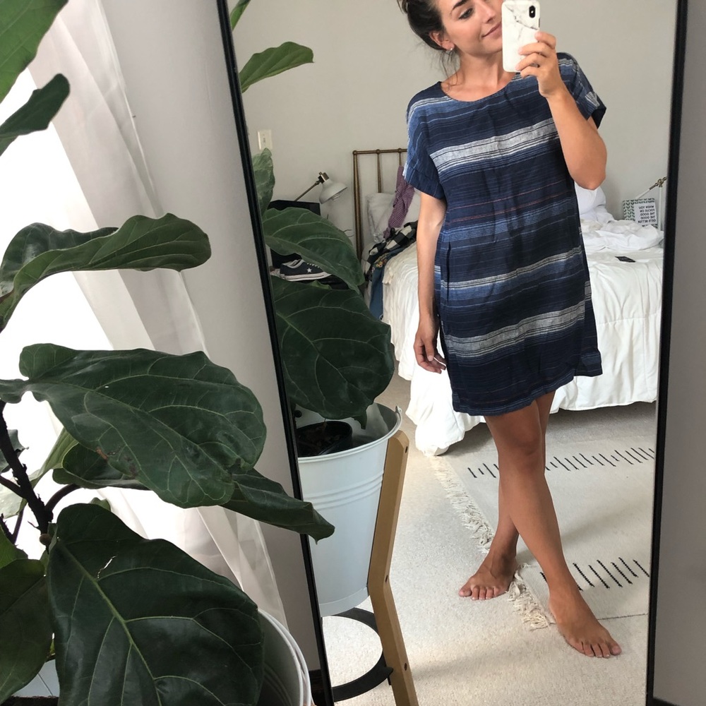 Old Navy Blue Striped Linen SS Shift Dress, Size M
